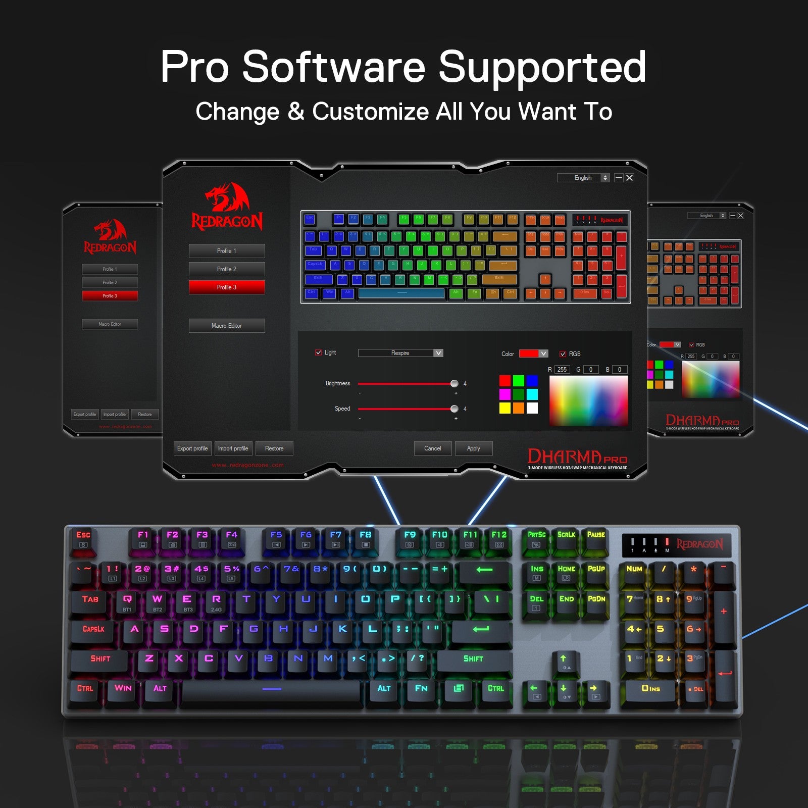 Redragon K556 PRO Upgraded Wireless RGB Gaming Keyboard, BT/2.4Ghz Tri-Mode Aluminum Mechanical Keyboard w/No-Lag Connection, Hot-Swap Red Switch