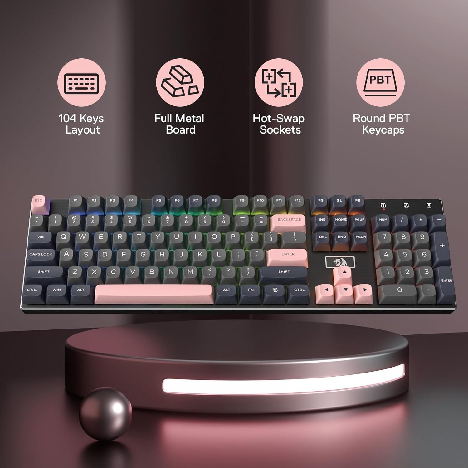 Redragon K556 SE Wired Gaming 104 Keys Hot-Swap Mechanical Noise Dampening Kit Keyboard,Dragon Chant Switches,Gray&Black&Pink