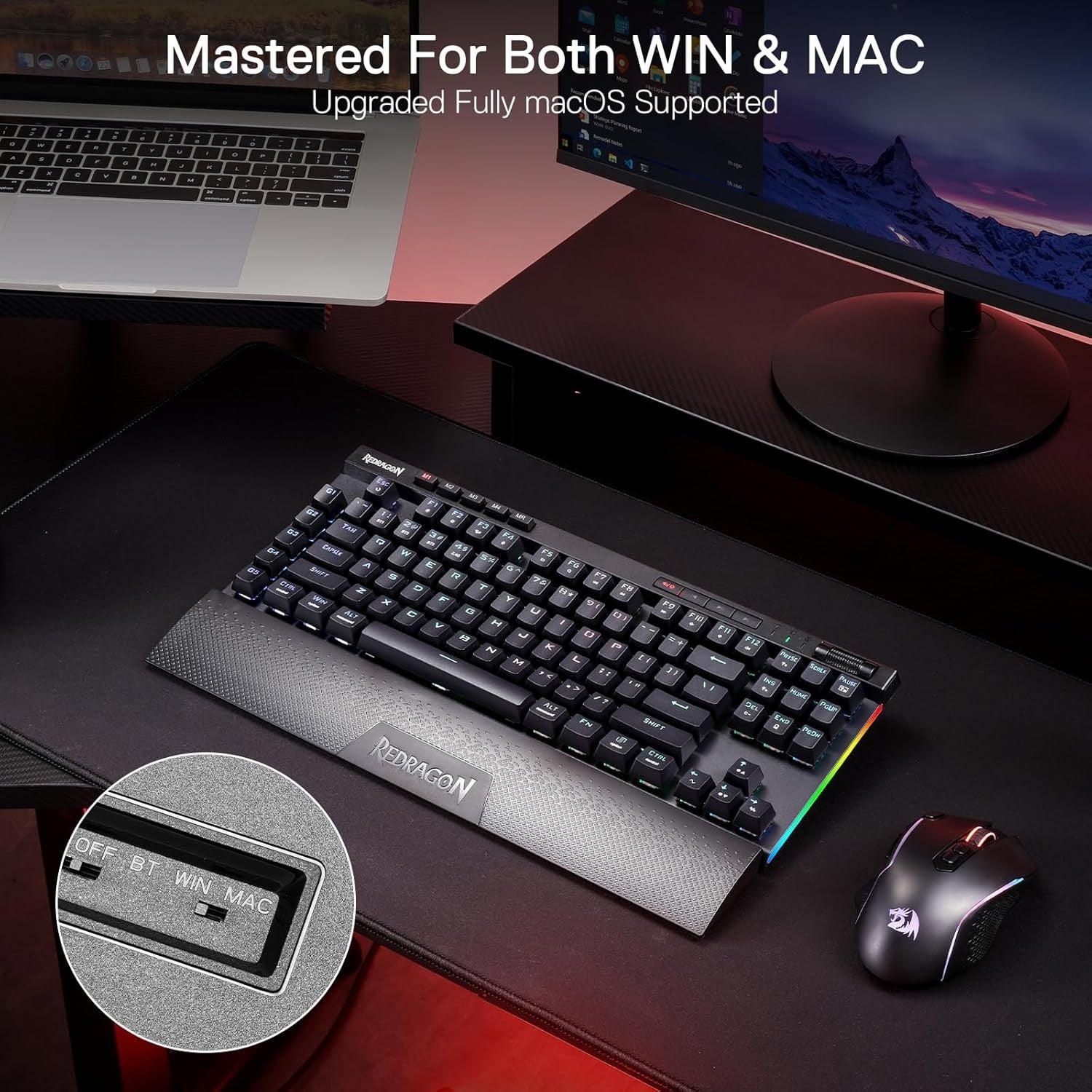 Redragon K587 PRO TKL RGB 3-Mode Wireless Mechanical 87 Keys Gaming 9 Dedicated Macro Keys Keyboard,Detachable Wrist Rest, Hot-Swap Linear Red Switche