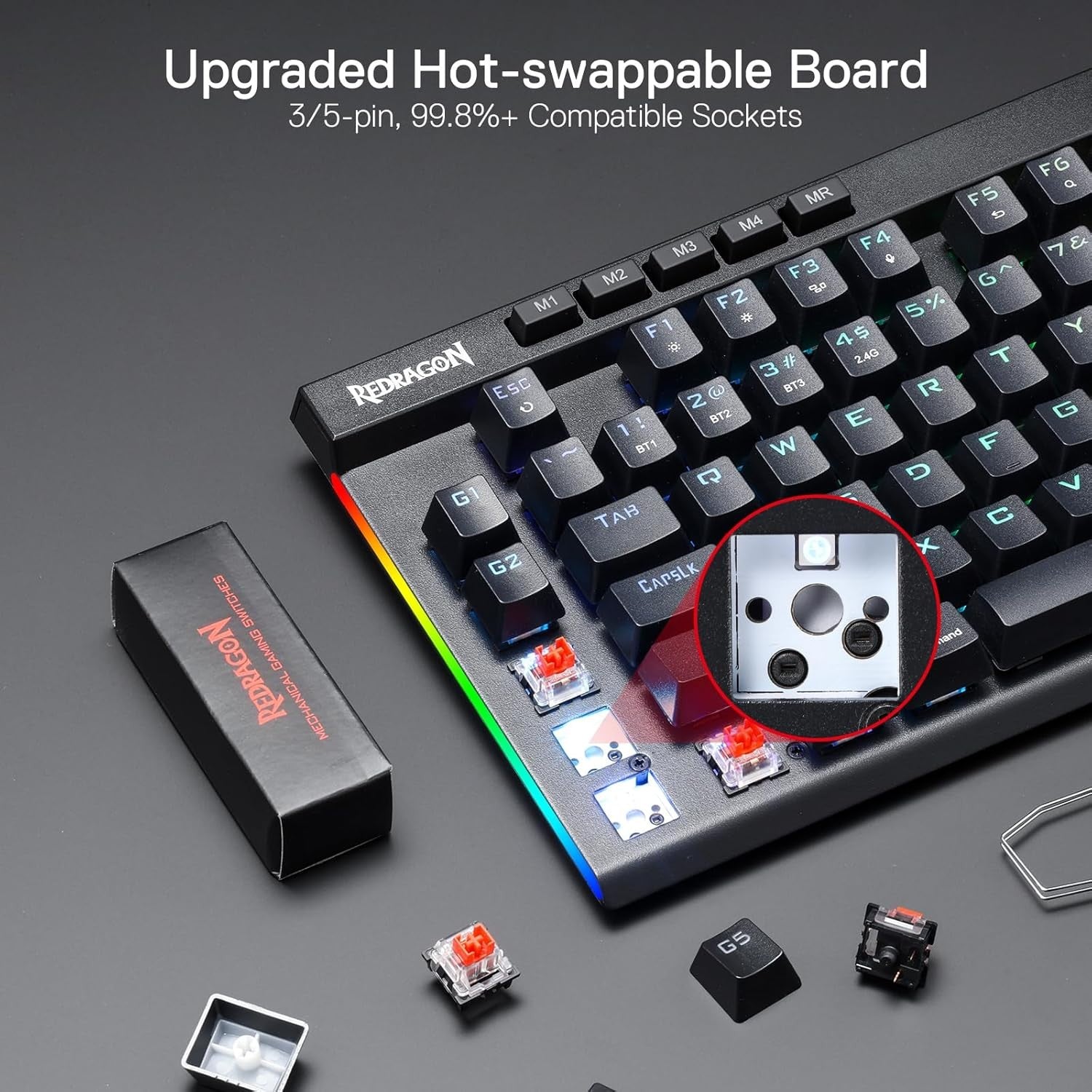 Redragon K587 PRO TKL RGB 3-Mode Wireless Mechanical 87 Keys Gaming 9 Dedicated Macro Keys Keyboard,Detachable Wrist Rest, Hot-Swap Linear Red Switche