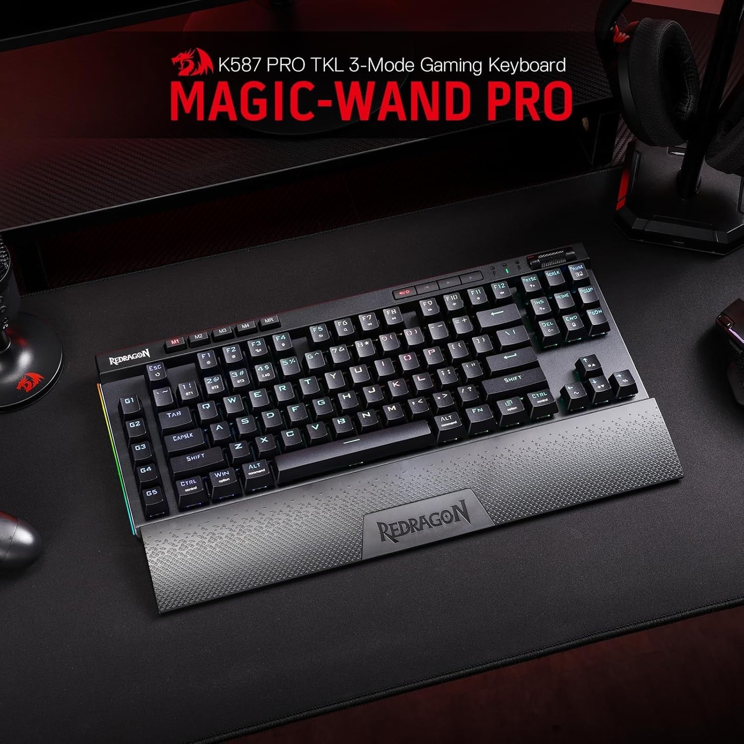 Redragon K587 PRO TKL RGB 3-Mode Wireless Mechanical 87 Keys Gaming 9 Dedicated Macro Keys Keyboard,Detachable Wrist Rest, Hot-Swap Linear Red Switche