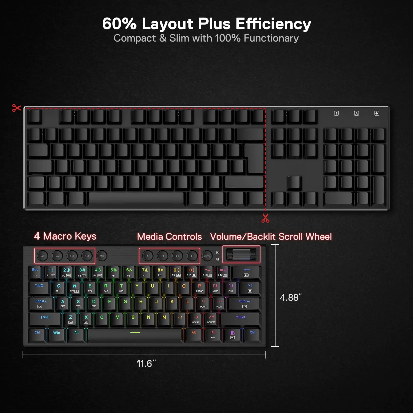 Redragon K632 PRO Noctis 60% Wireless RGB Mechanical Keyboard, Bluetooth/2.4Ghz/Wired Tri-Mode Ultra-Thin Low Profile Gaming Keyboard