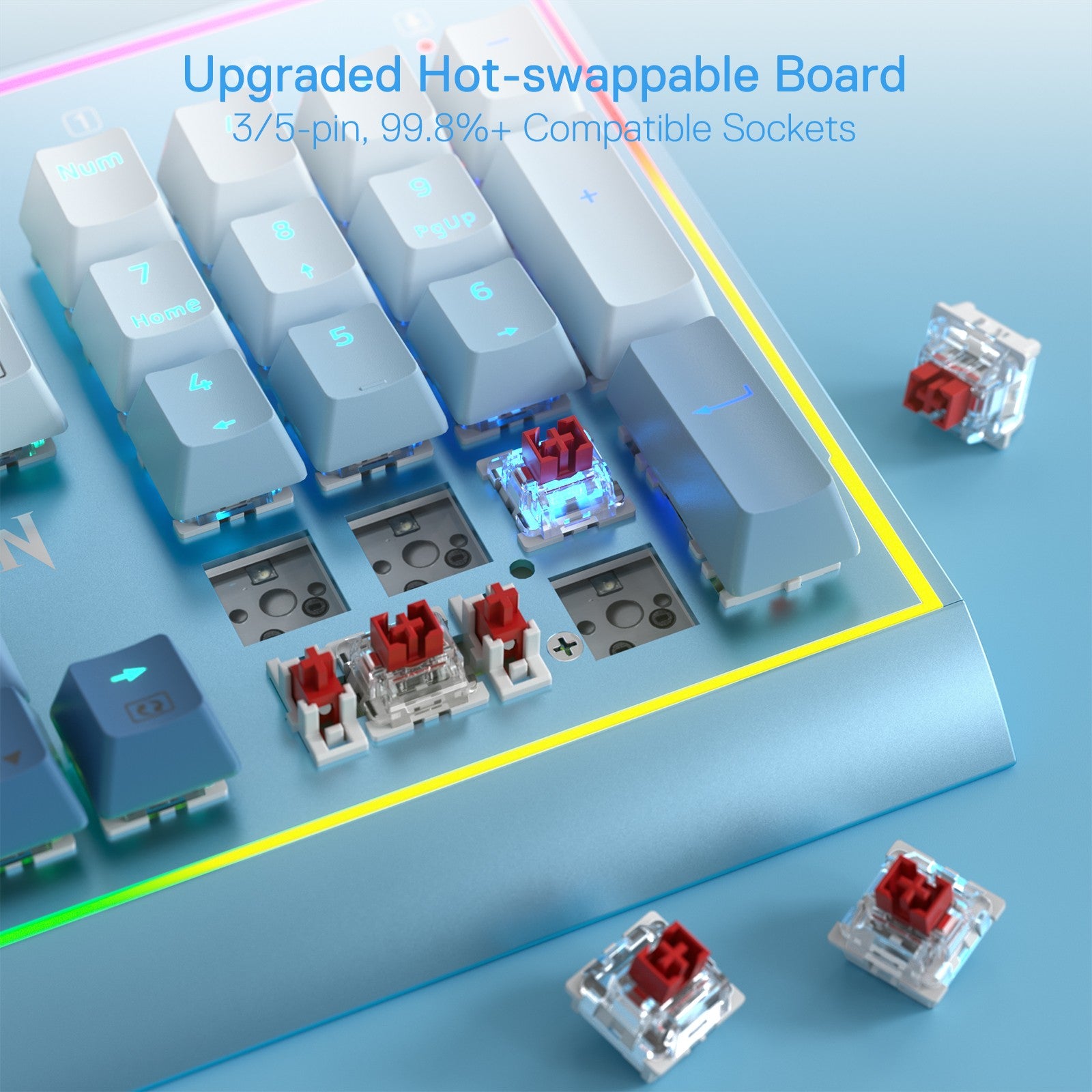 Redragon K654 RGB Gaming Keyboard, 104 Keys Wired Mechanical Keyboard, Aluminum Frame, 3.5mm Sound Absorbing Foams, Hot-swappable, Gradient Blue