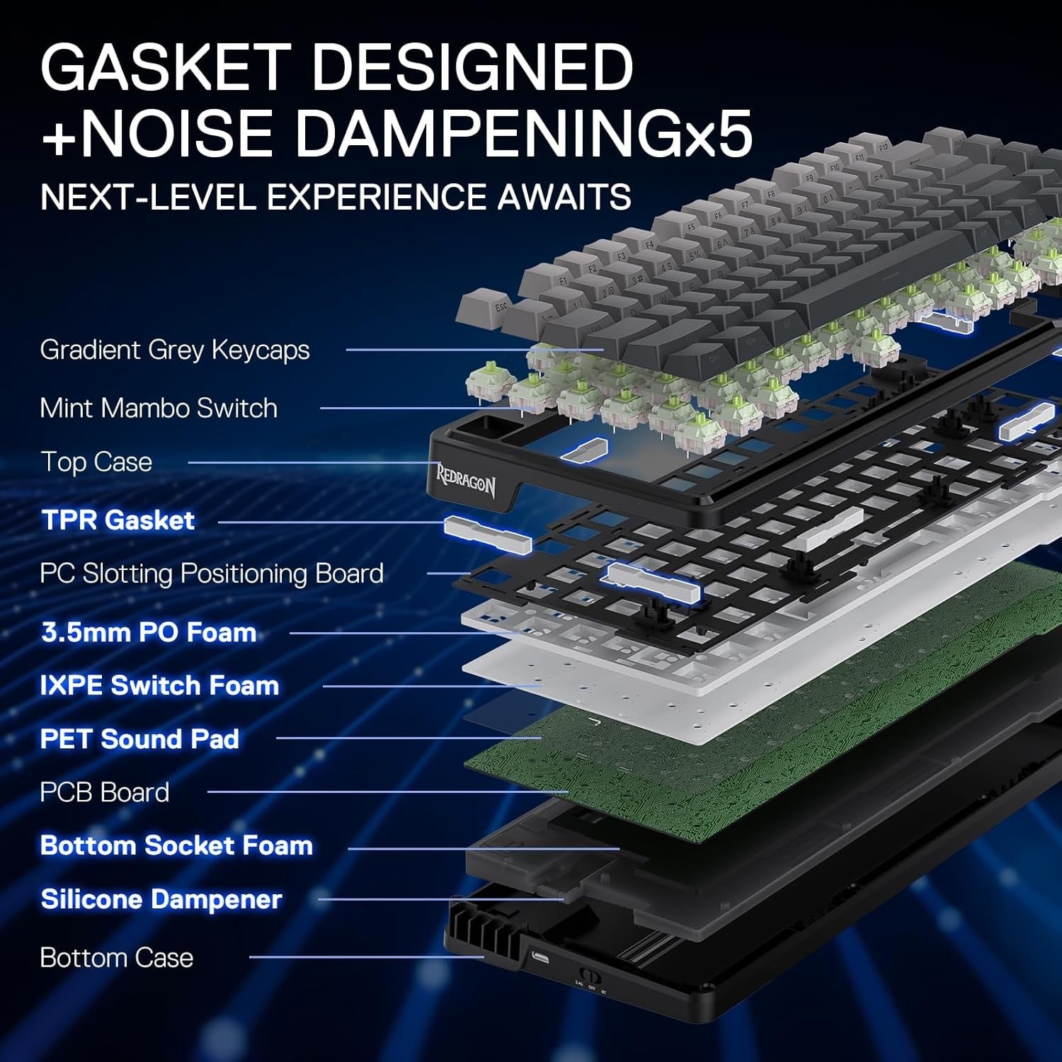 Redragon K673 GB 75% Wireless Gasket RGB Gaming 3-Modes 81 Keys PBT Compact Mechanical Hot-Swap Socket 5-Layer Noise Dampening Keyboard