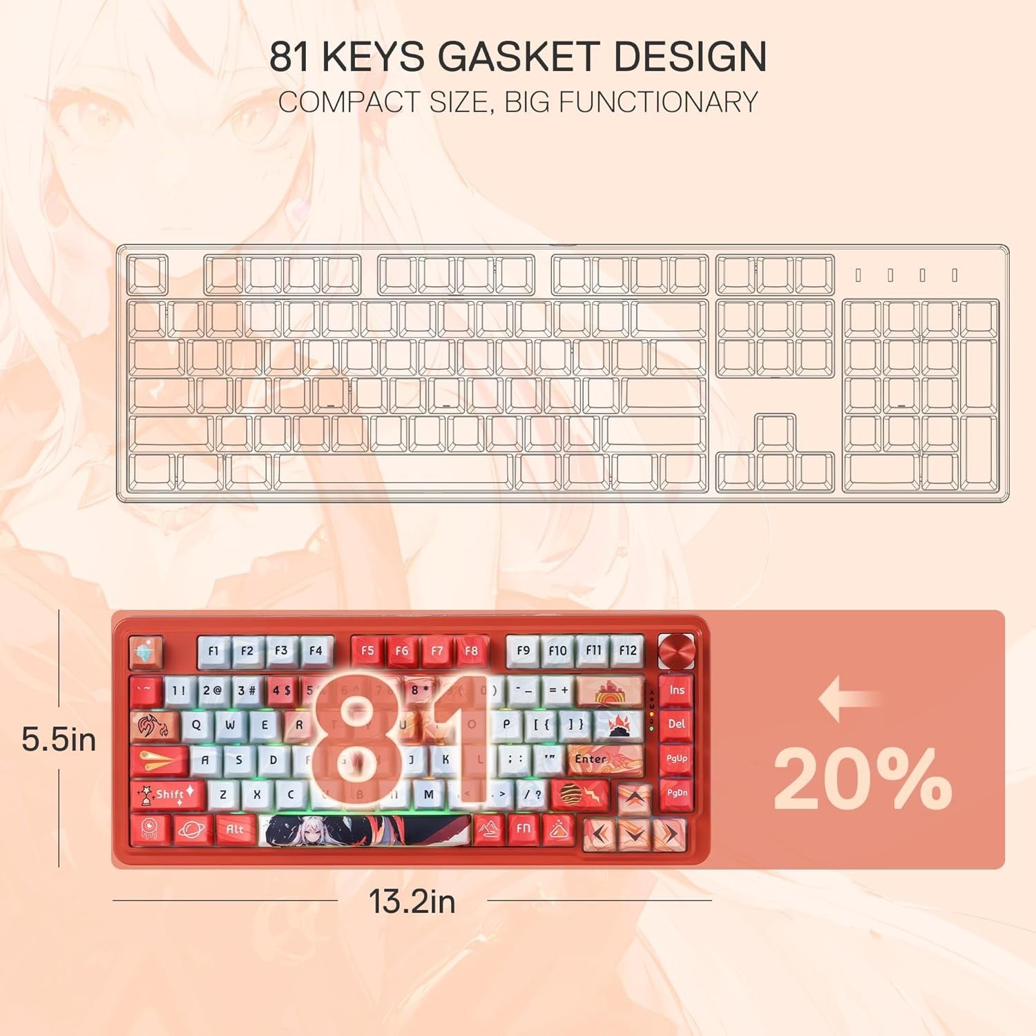 Redragon K673 PRO SE 75% 81 Keys Wireless Gasket RGB Gaming Keyboard, 3-Mode Anime Mechanical Keyboard w/Hot-Swap Socket, Custom Hi-Fi Linear Switch