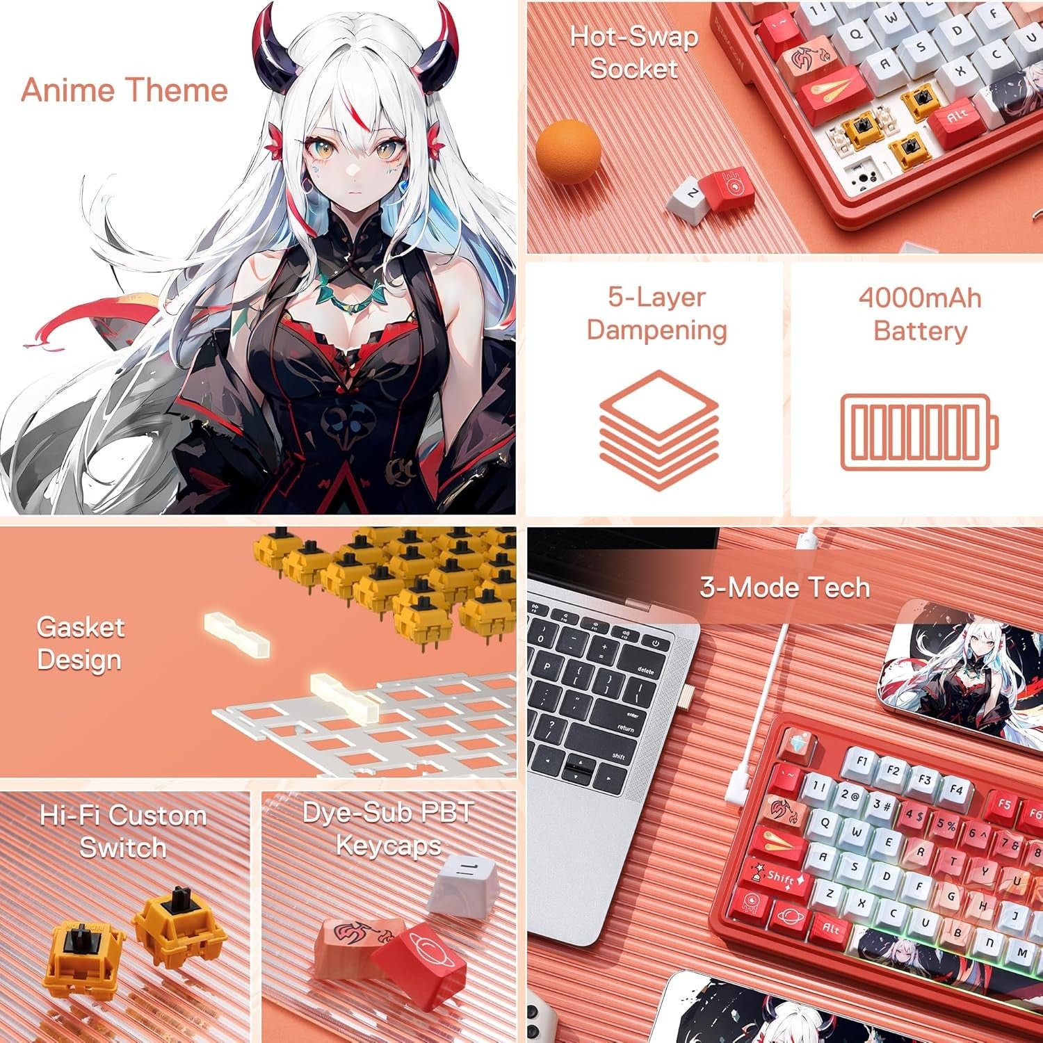 Redragon K673 PRO SE 75% 81 Keys Wireless Gasket RGB Gaming Keyboard, 3-Mode Anime Mechanical Keyboard w/Hot-Swap Socket, Custom Hi-Fi Linear Switch