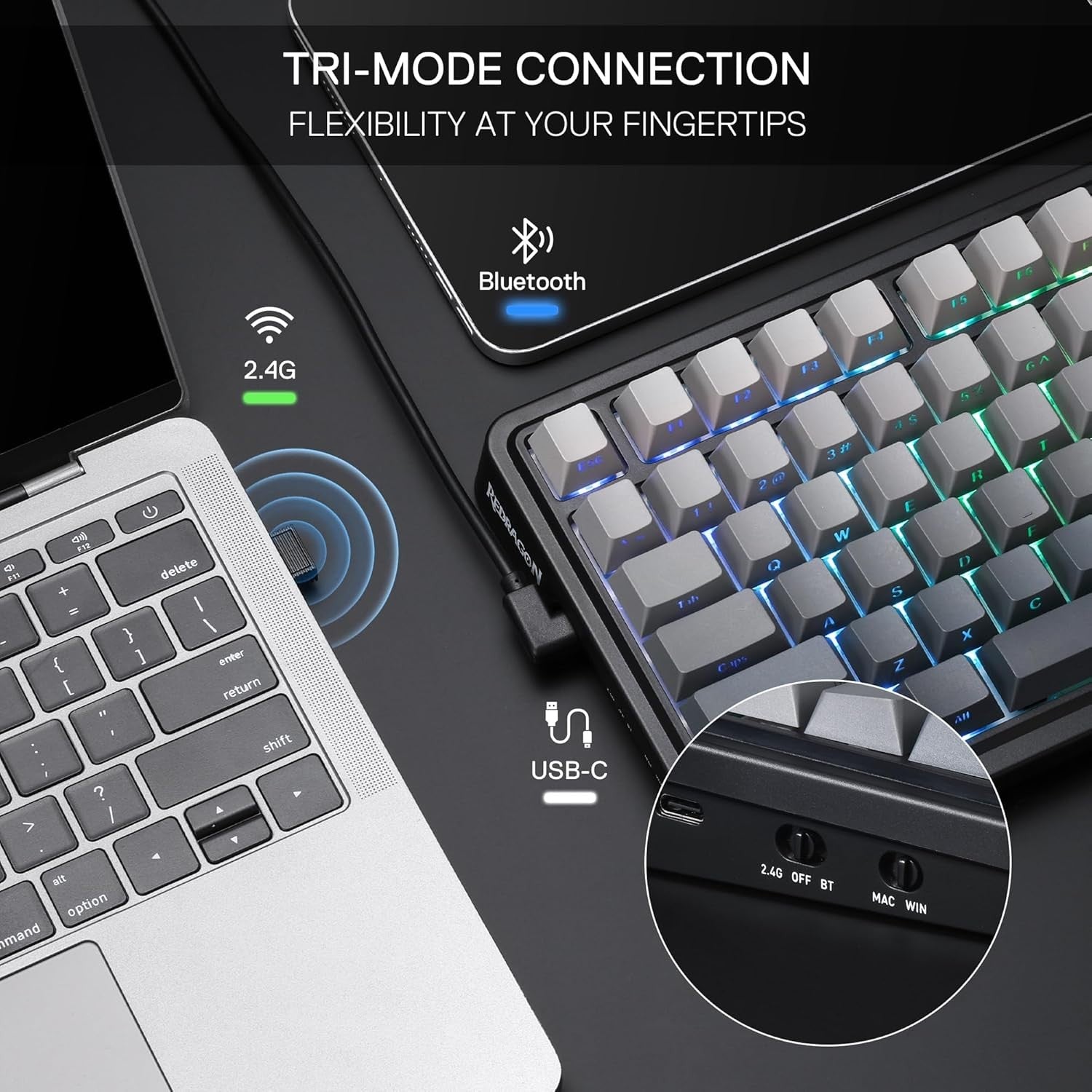 Redragon K686 PRO 98 Keys Wireless Gasket RGB Gaming 3-Mode Win/Mac Mechanical 5-Layer Noise Dampening Keyboard，Hot-Swap in Linear Red Switch, Blue Hi