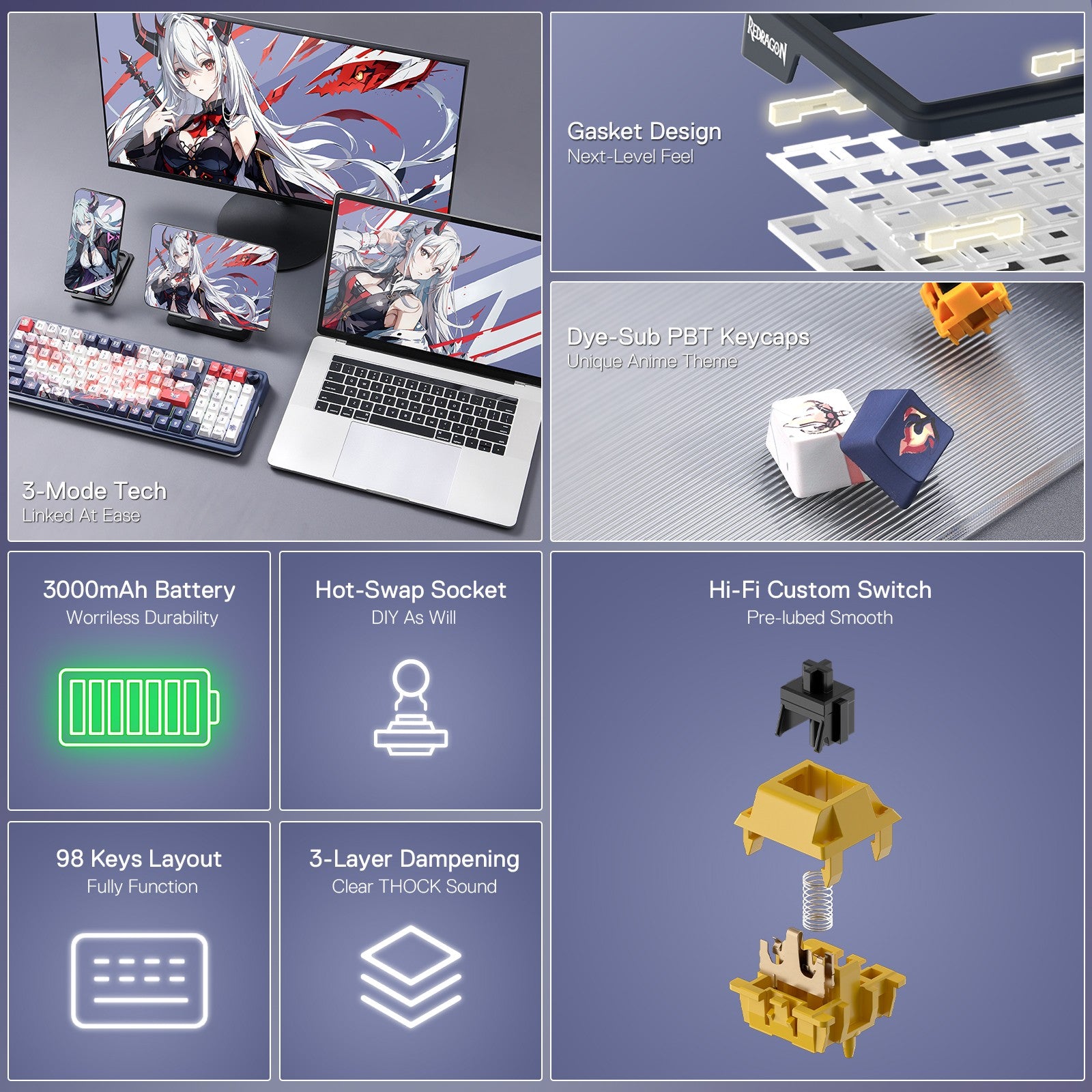 Redragon K686 PRO SE 98 Keys Wireless 3-Mode Gasket RGB Gaming Anime Mechanical Hot-Swap Socket 5-Layer Noise Dampening Keyboard