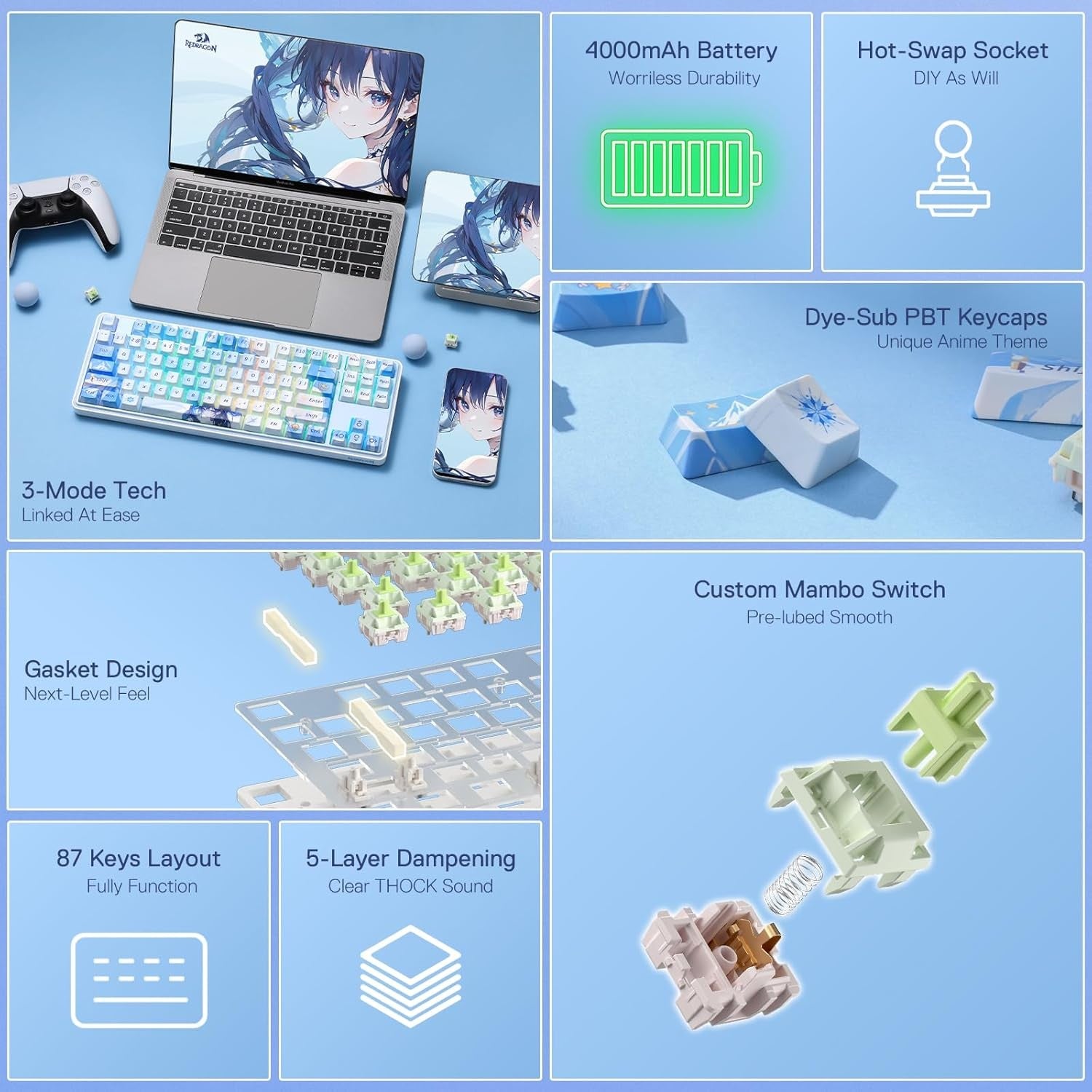 Redragon K707 PRO SE 80% Wireless Gasket RGB Gaming Keyboard, 3-Modes 87 Keys TKL Anime Mechanical Keyboard w/Hot-Swap Socket, Custom Linear Switch