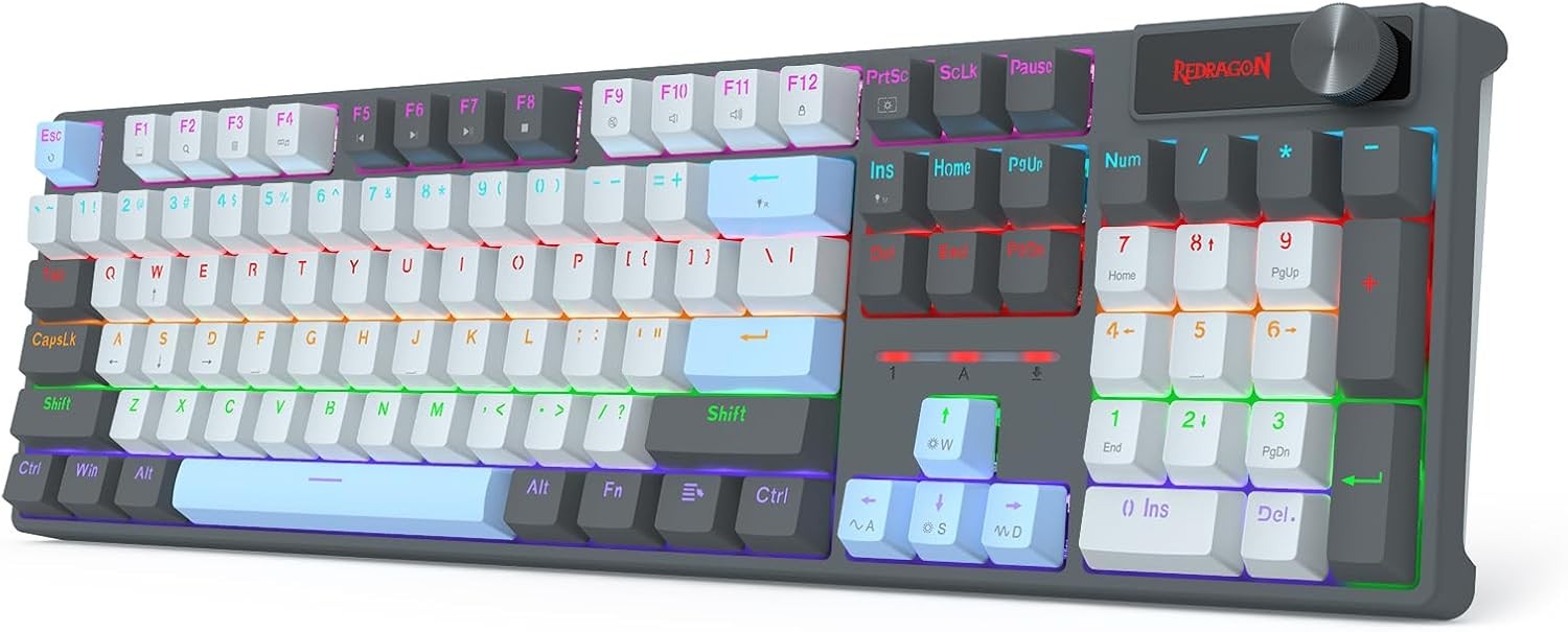 Redragon K718 Wired 104 Keys Gaming Rainbow Backlit Wired Mechanical Keyboard Upgraded Hot-swappable Socket, Mixed Color Keycaps, Red Switch