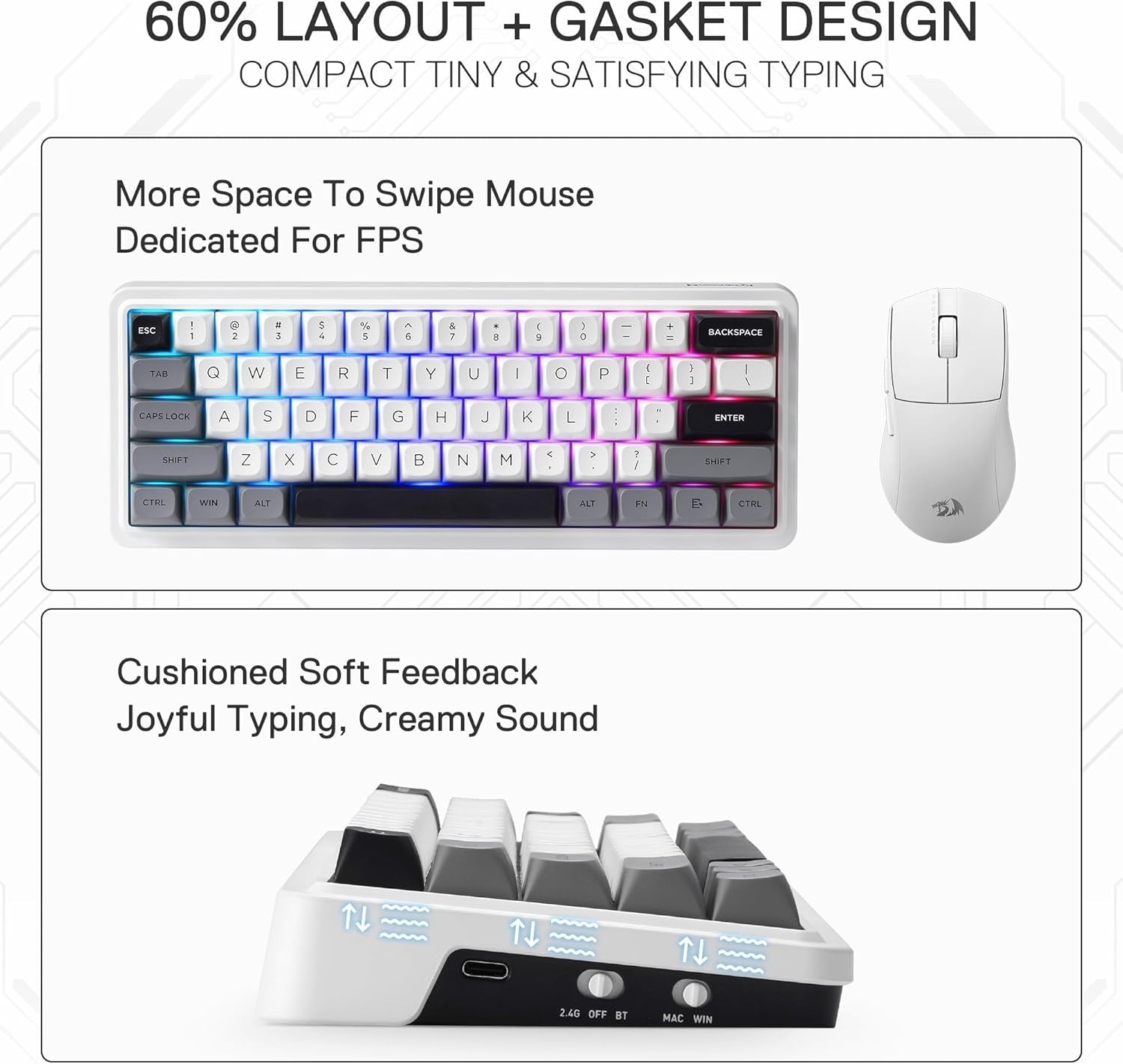 Redragon K722 PRO 60% Wireless Gasket RGB Gaming 61 Keys Hot-Swap Compact Mechanical 5-Layer Noise Dampening & Round PBT Keycaps Keyboard