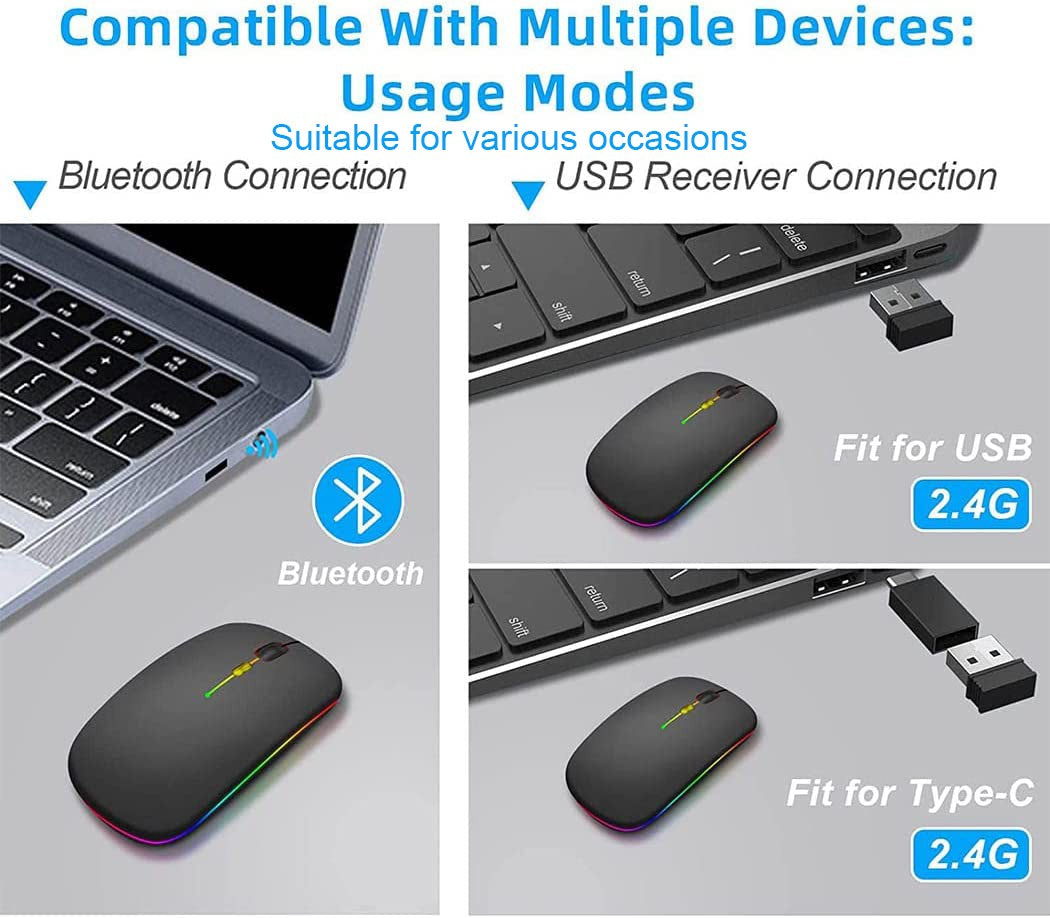 Wireless Mouse 2.4G Bluetooth Mouse Rechargeable Silent Mouse USB & Type-c Receiver Dual Mode LED Mouse Laptop Mouse for Computer MacBook iPad iPhone