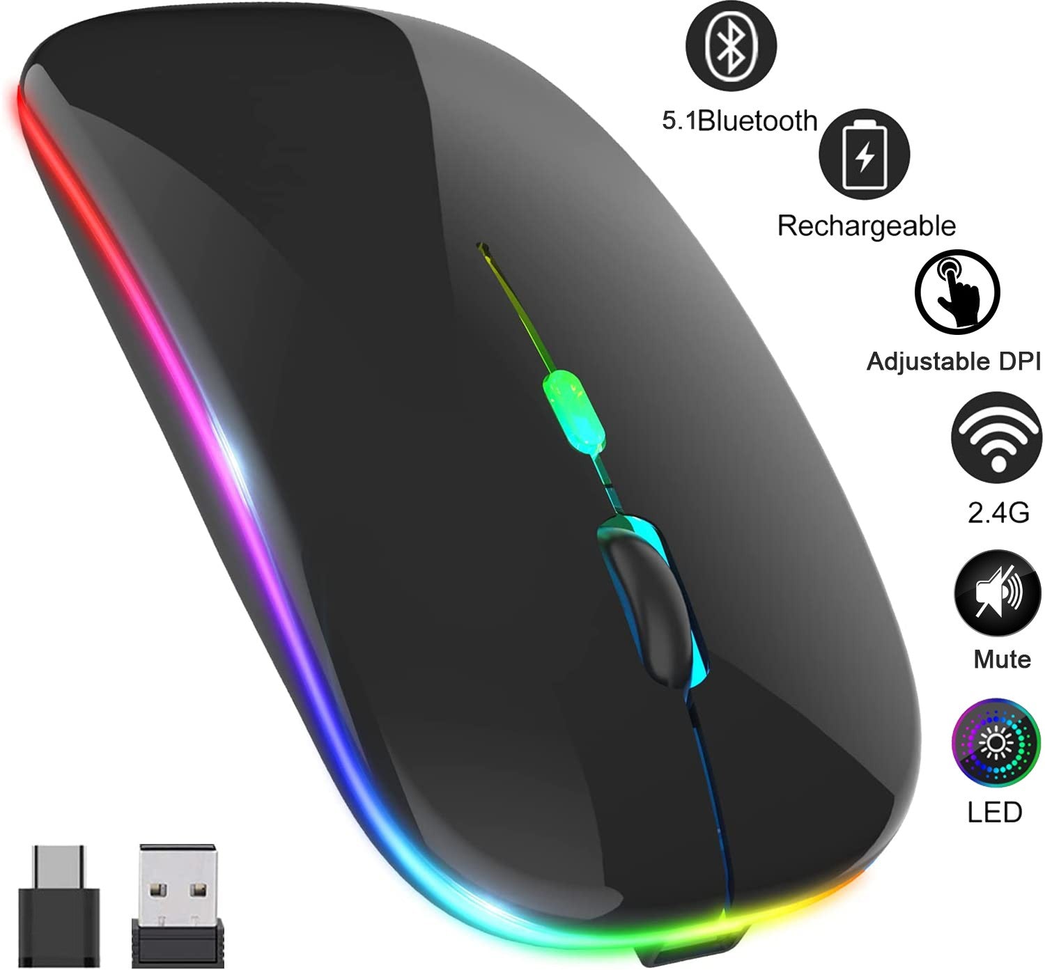 Wireless Mouse 2.4G Bluetooth Mouse Rechargeable Silent Mouse USB & Type-c Receiver Dual Mode LED Mouse Laptop Mouse for Computer MacBook iPad iPhone