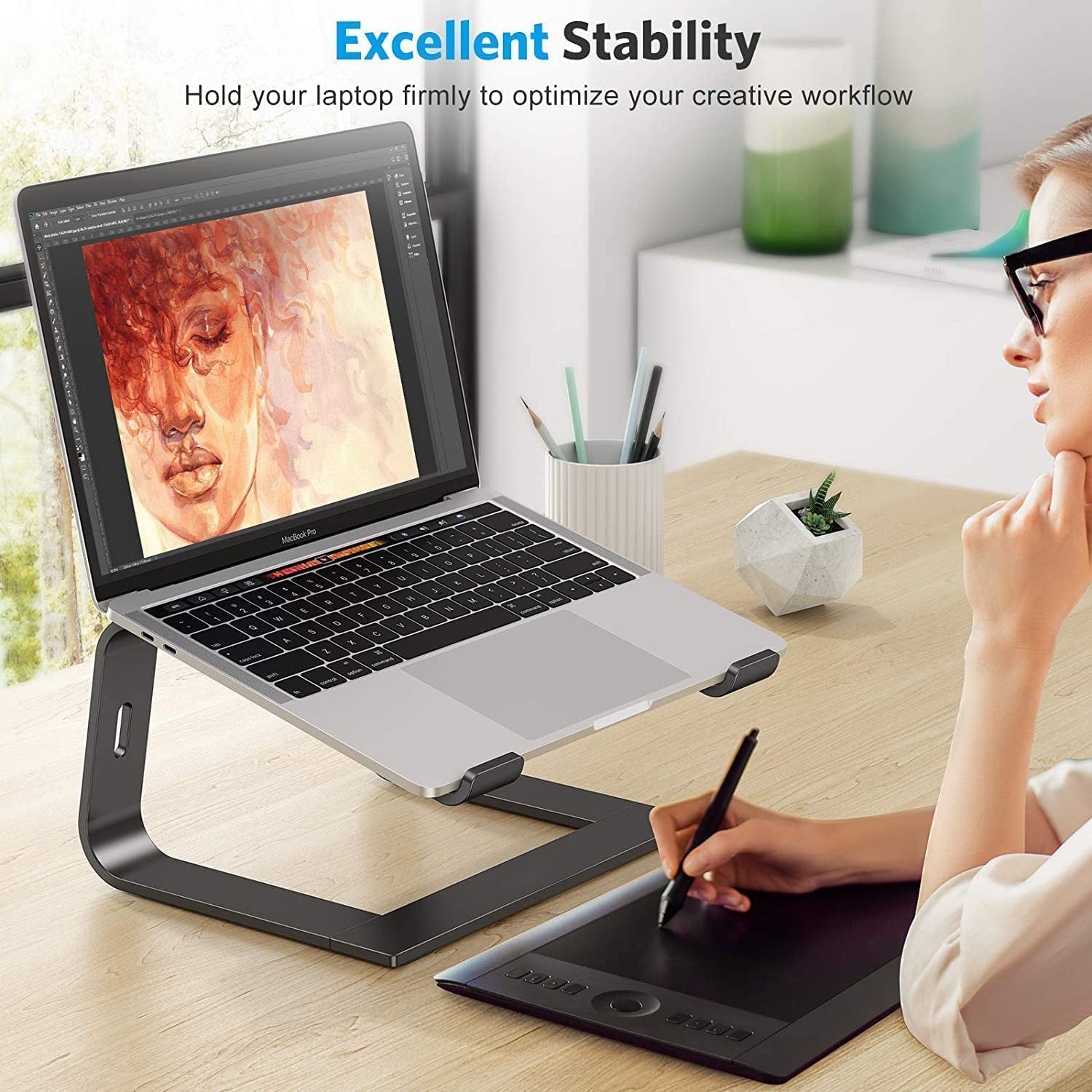 Foldable Laptop Stand Ergonomic Computer Stand Aluminum Laptop Riser Detachable Tablet Stand Desktop Mount for 10-15.6” Laptop Black