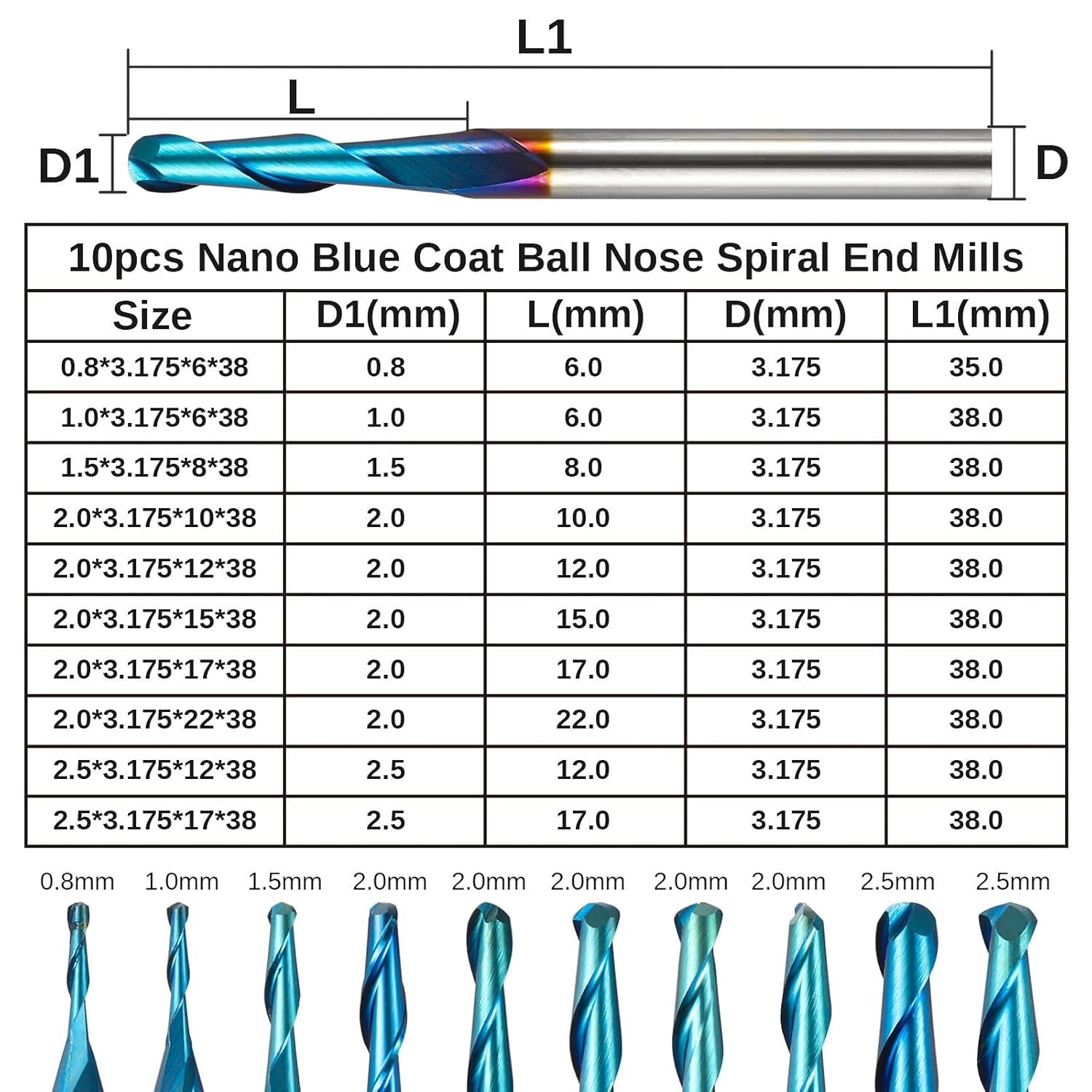 10pcs 2-Flute Nano Blue Coat Ball Nose Spiral End Mill, 1/8'' Shank, 0.8mm-2.5mm Cutting Diameter, CNC Router Bits for Wood Working Acrylic MDF PVC AB