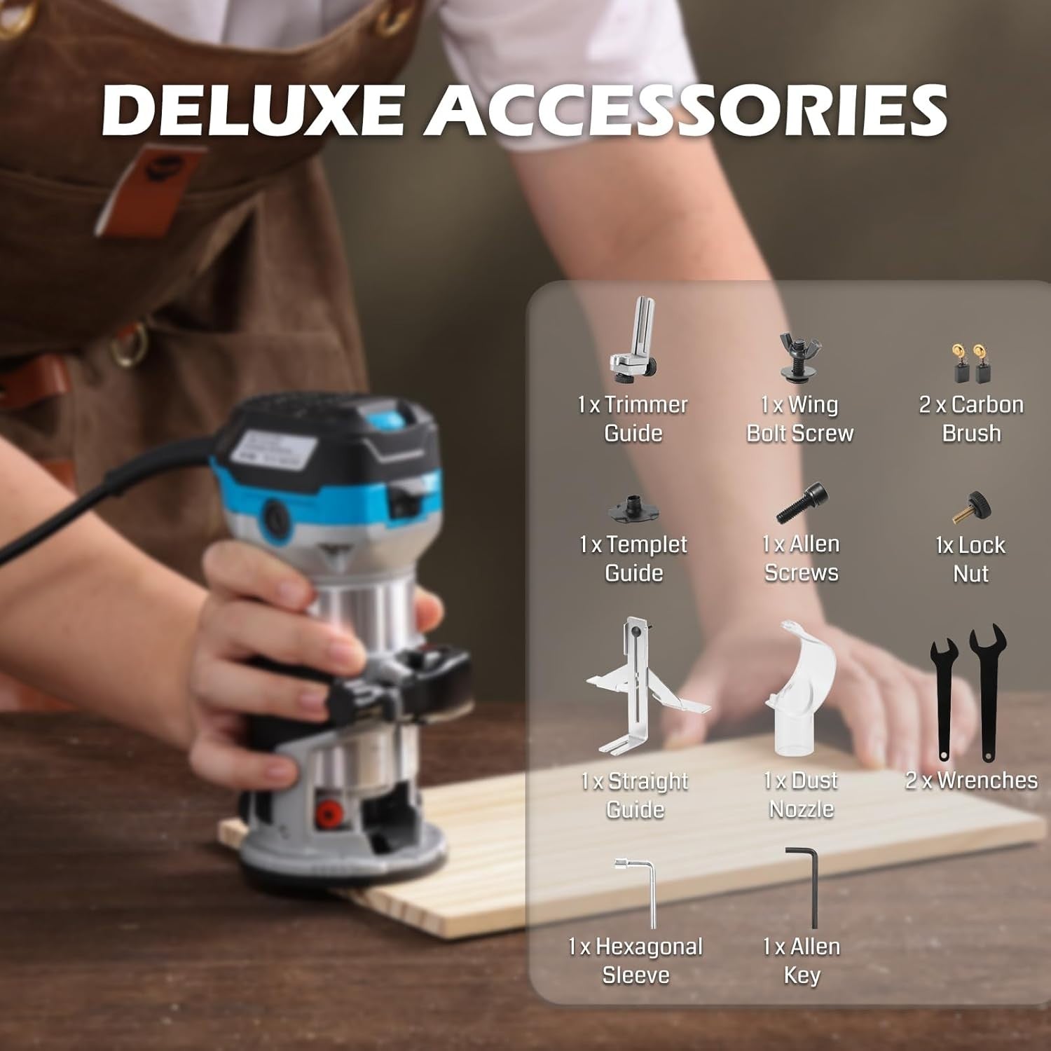 Genmitsu 1.25 HP 65mm Diameter Palm Trimmer Router, Compact Router Wood Tool With Fixed Base, 6 Variable Speeds 10000-30000 R/MIN, with 1/4“ Collet