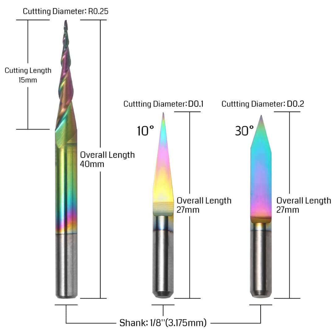 Genmitsu 3PCS V-Shape Tapered Ball Nose End Mills for Aluminum, Copper, Brass Engraving and Other Metals Carving, Chromatic Coating CNC Bits, 1/8''(3.