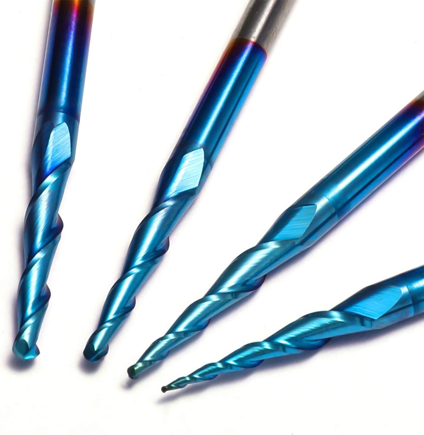Genmitsu 4pcs 2-Flute Tapered Ball Nose End Mills Tungsten Carbide Cutter with Nano Blue Coat, R0.25-1.0, 1/8” Shank, TB04A