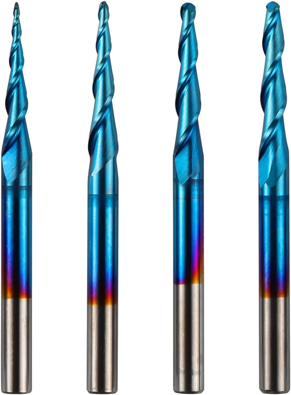 Genmitsu 4pcs 2-Flute Tapered Ball Nose End Mills Tungsten Carbide Cutter with Nano Blue Coat, R0.25-1.0, 1/8” Shank, TB04A