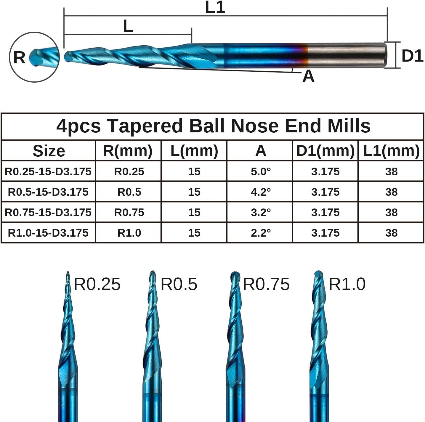Genmitsu 4pcs 2-Flute Tapered Ball Nose End Mills Tungsten Carbide Cutter with Nano Blue Coat, R0.25-1.0, 1/8” Shank, TB04A