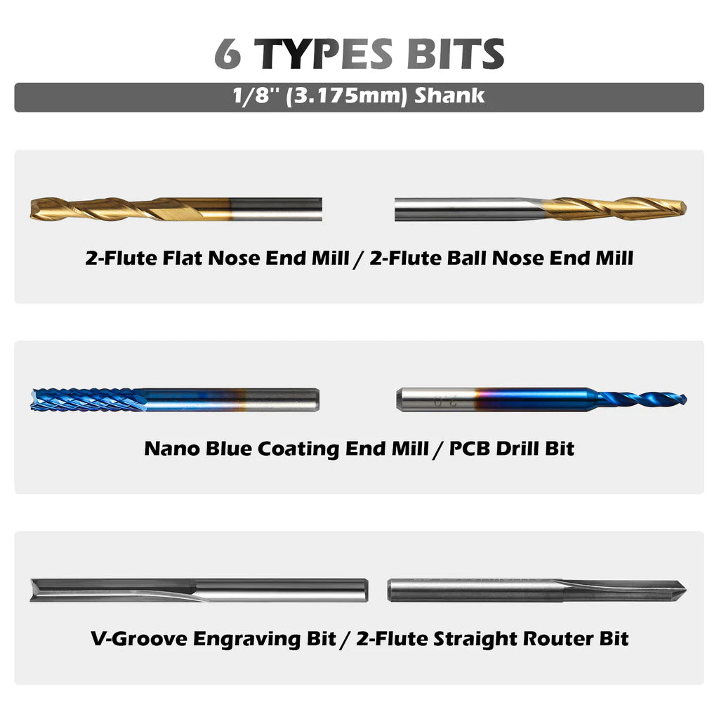 Genmitsu 50pcs Tungsten Carbide End Mill Router Bits, 1/8'' Shank CNC Cutter Milling Carving Bit Set Including 2-Flute Straight Router Bits, Flat Nose