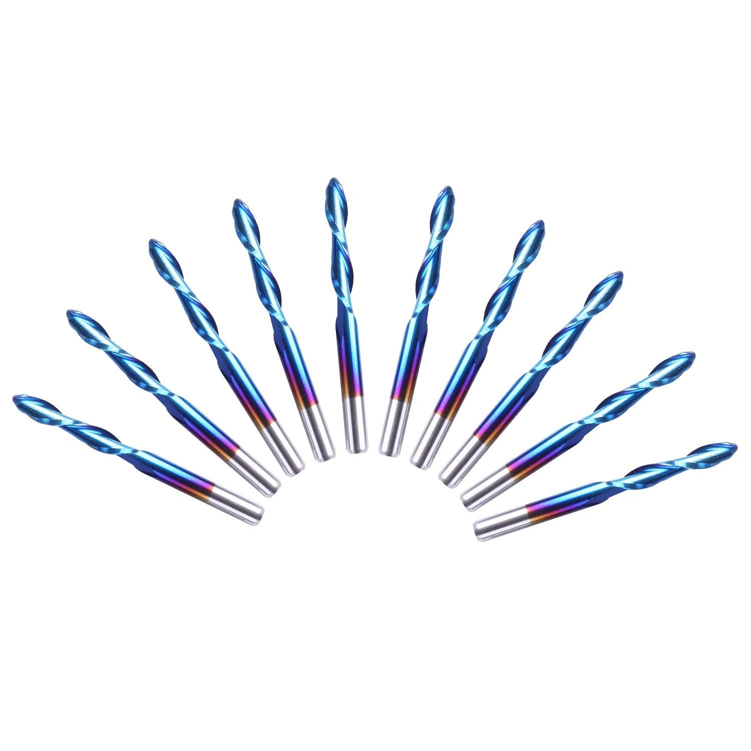 SainSmart Genmitsu 10Pcs Nano Blue Coat Ball Nose End Mill CNC Router Bits, 1/8" Shank Spiral Upcut 2 Flute End Mill Set
