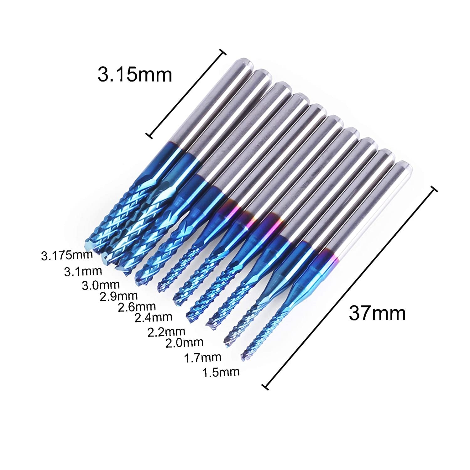 SainSmart Genmitsu 10Pcs Nano Blue Coat End Mill CNC Router Bits, 1.5-3.175mm, 1/8" Shank