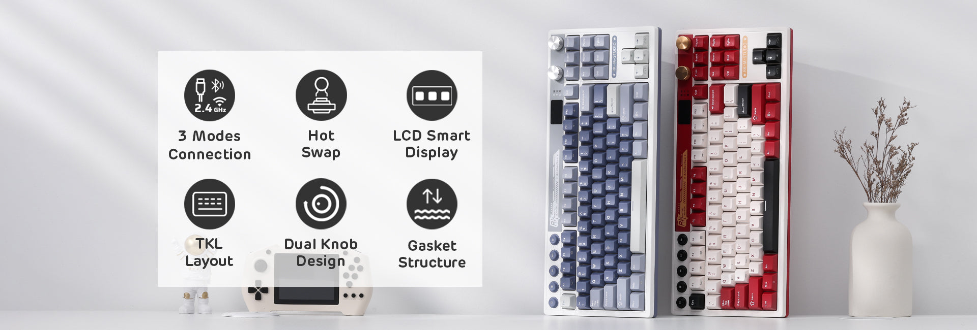 RK ROYAL KLUDGE M87 Mechanical Keyboard, RGB, 2.4Ghz/BT/Wired, Customized Switches, Blue, Mixed Color