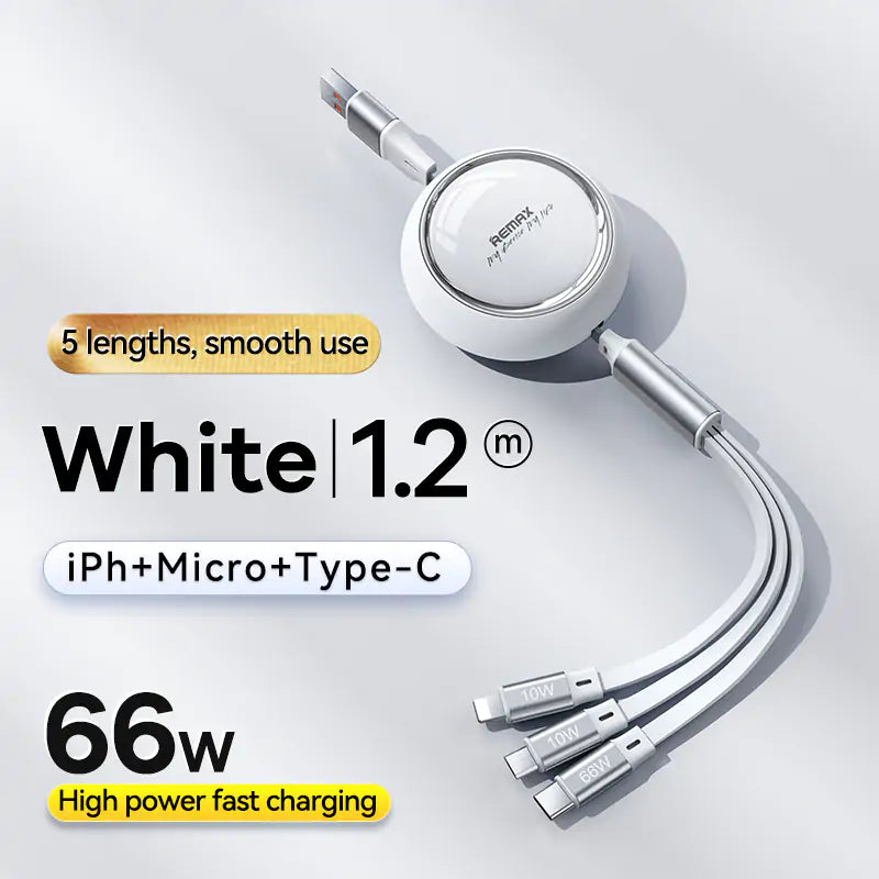 MOREJOY Remax 66W Super Fast Charging Cable 1.2m RC-C029 Retractable Multi 3 in 1 (IP/USB C/Micro USB, 6A) Fit for Most Charging Equipment White