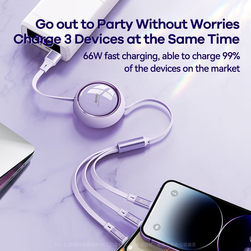 MOREJOY Remax 66W Super Fast Charging Cable 1.2m RC-C029 Retractable Multi 3 in 1  Fit for Most Charging Equipment Blue