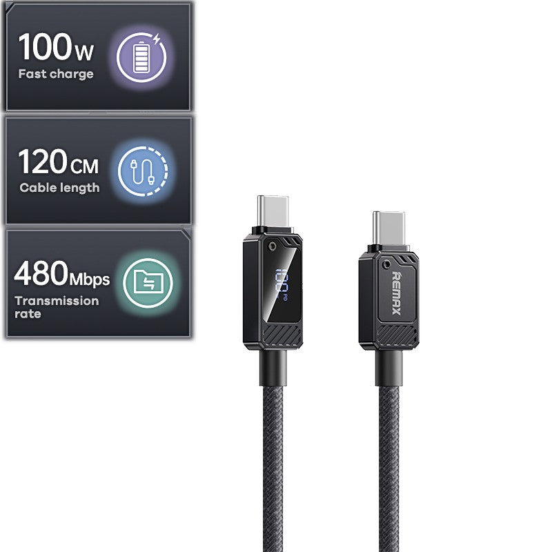 Remax USB C Fast Charging Cable with LED Display Flat Braided Multi Charging Cord with Data Sync, Port for iPhone/iPad/Samsung/MacBook,1.2m Black