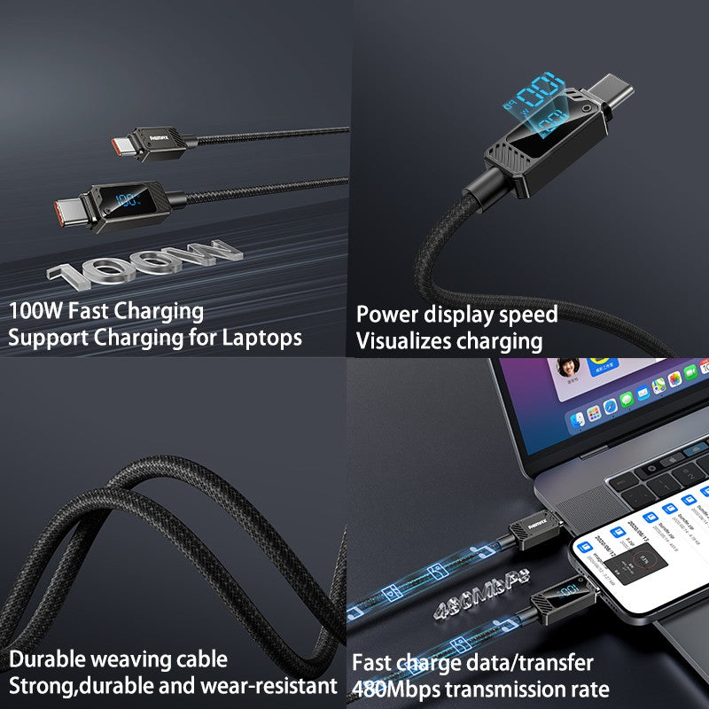 Remax USB C Fast Charging Cable with LED Display Flat Braided Multi Charging Cord with Data Sync, Port for iPhone/iPad/Samsung/MacBook,1.2m Black