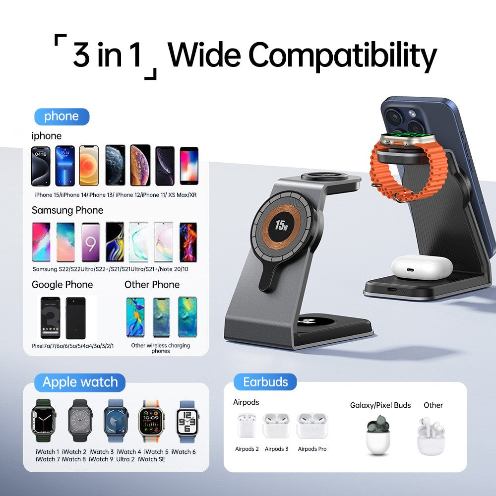 SEEDREAM 3 in 1 Magnetic Wireless Charging Station 18W Max for Apple iPhone/iWatch/Airpods,iPhone15,14,13,12,11 /XS/XR/XS, iWatch9/8