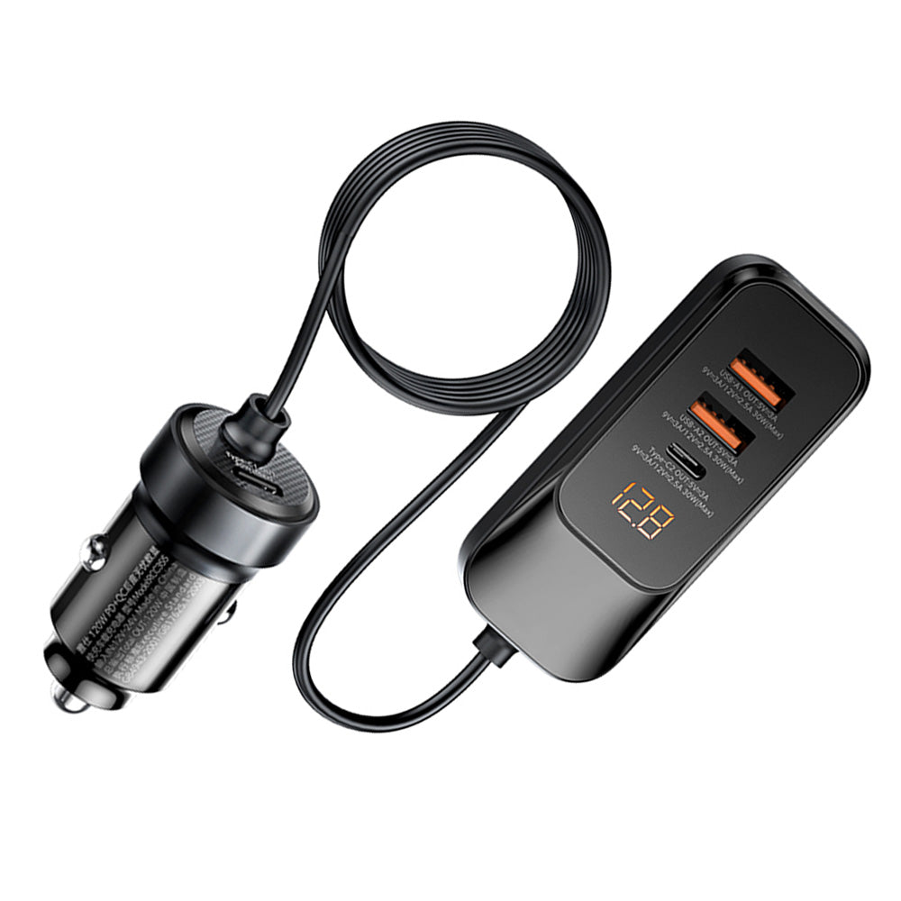 SEEDREAM Car Charger 4-Port 120W max,with 1.5m Extension Cable for Rear Seats,Car Cigarette Lighter Adapter with LED Digital Display, PD 30W & QC 30W