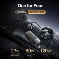 SEEDREAM Car Charger 4-Port 120W max,with 1.5m Extension Cable for Rear Seats,Car Cigarette Lighter Adapter with LED Digital Display, PD 30W & QC 30W