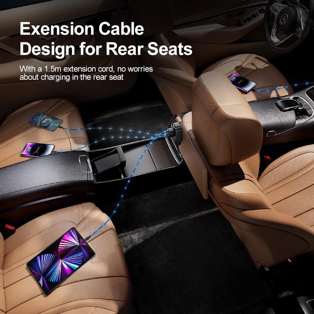 SEEDREAM Car Charger 4-Port 120W max,with 1.5m Extension Cable for Rear Seats,Car Cigarette Lighter Adapter with LED Digital Display, PD 30W & QC 30W