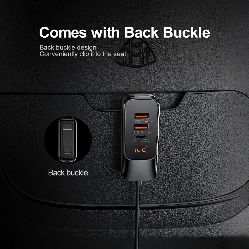 SEEDREAM Car Charger 4-Port 120W max,with 1.5m Extension Cable for Rear Seats,Car Cigarette Lighter Adapter with LED Digital Display, PD 30W & QC 30W