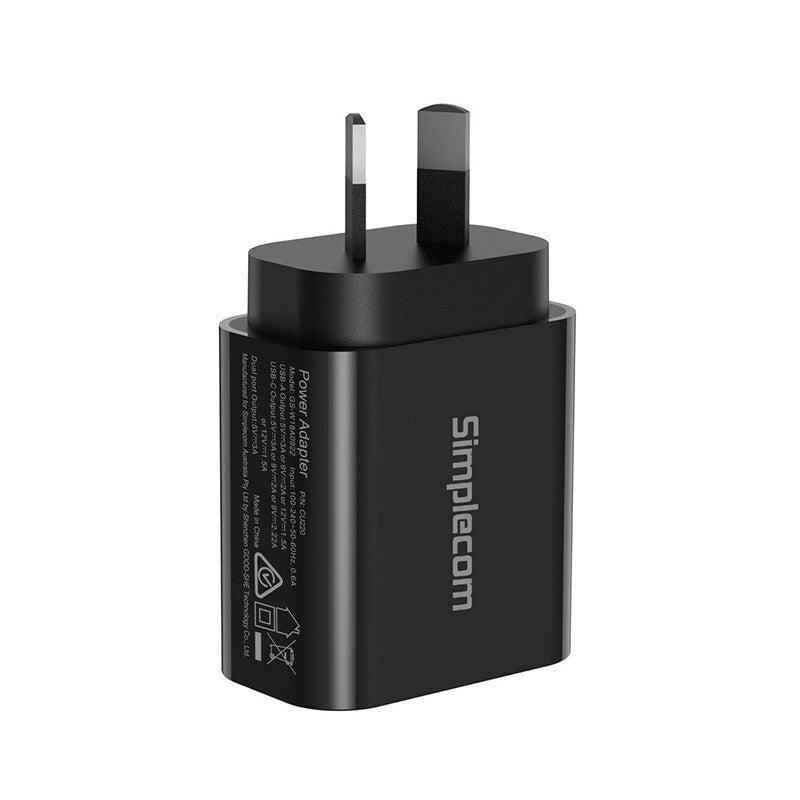 Simplecom Dual Port PD 20W Fast Wall Charger USB-C + USB-A for Phone Tablet