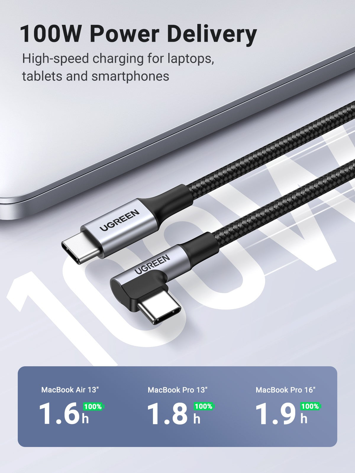 UGREEN USB-C 2.0 to Angled USB-C M/M Cable Aluminium Shell with Braided 1m