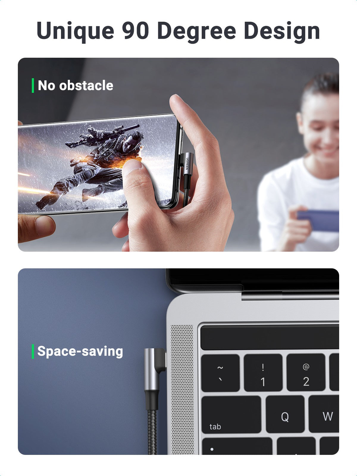 UGREEN USB-C 2.0 to Angled USB-C M/M Cable Aluminium Shell with Braided 2m