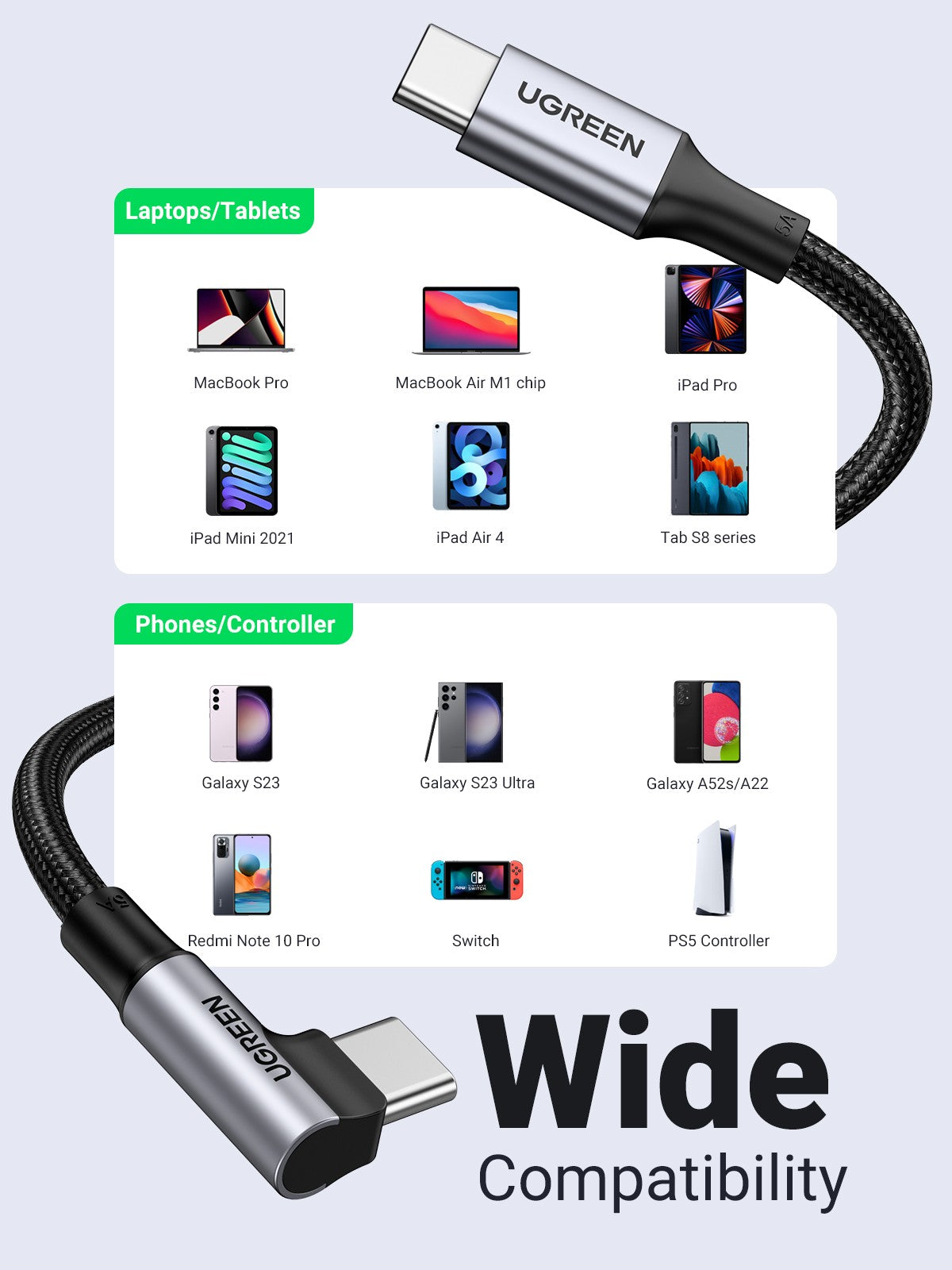 UGREEN USB-C 2.0 to Angled USB-C M/M Cable Aluminium Shell with Braided 3m