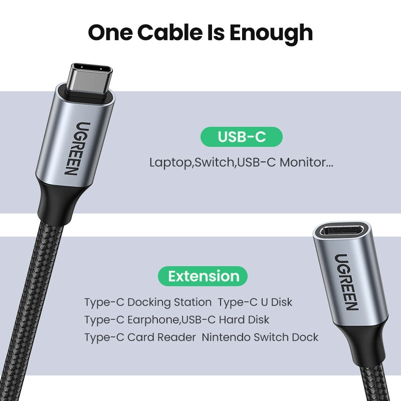 UGREEN USB-C Male to USB-C Female Gen2 Alu Case Braided Extension Cable 1m