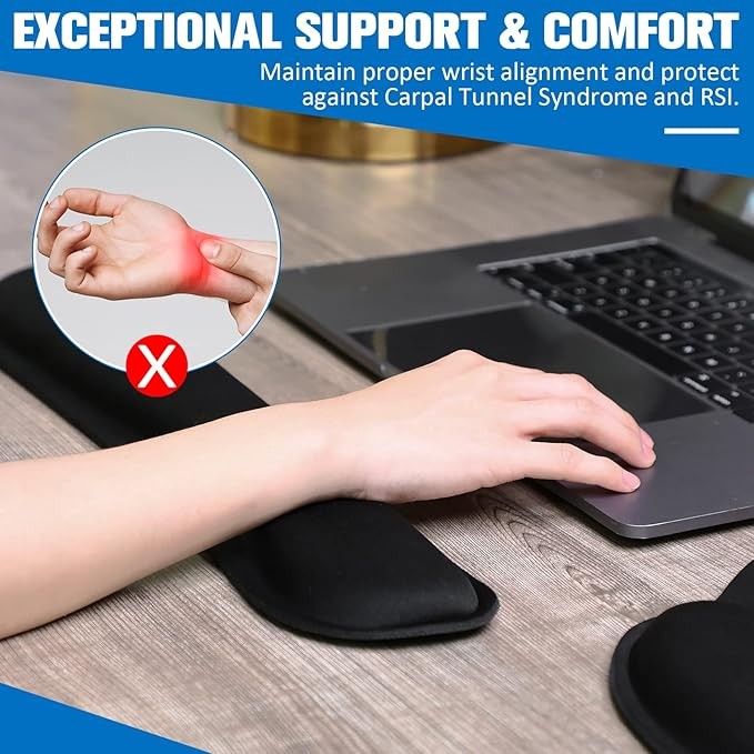 Keyboard & Mouse Pad Combo with Memory Foam Wrist Support Dual Cushion Set for Mac/PC, Office & Gaming, Anti-Slip Base, Black