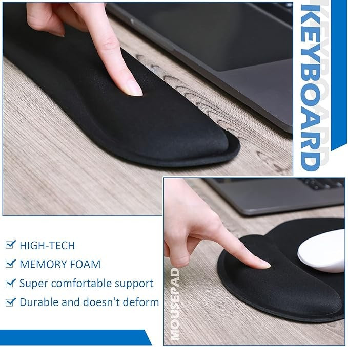Keyboard & Mouse Pad Combo with Memory Foam Wrist Support Dual Cushion Set for Mac/PC, Office & Gaming, Anti-Slip Base, Black