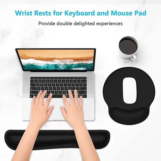 Keyboard & Mouse Pad Combo with Memory Foam Wrist Support Dual Cushion Set for Mac/PC, Office & Gaming, Anti-Slip Base, Black