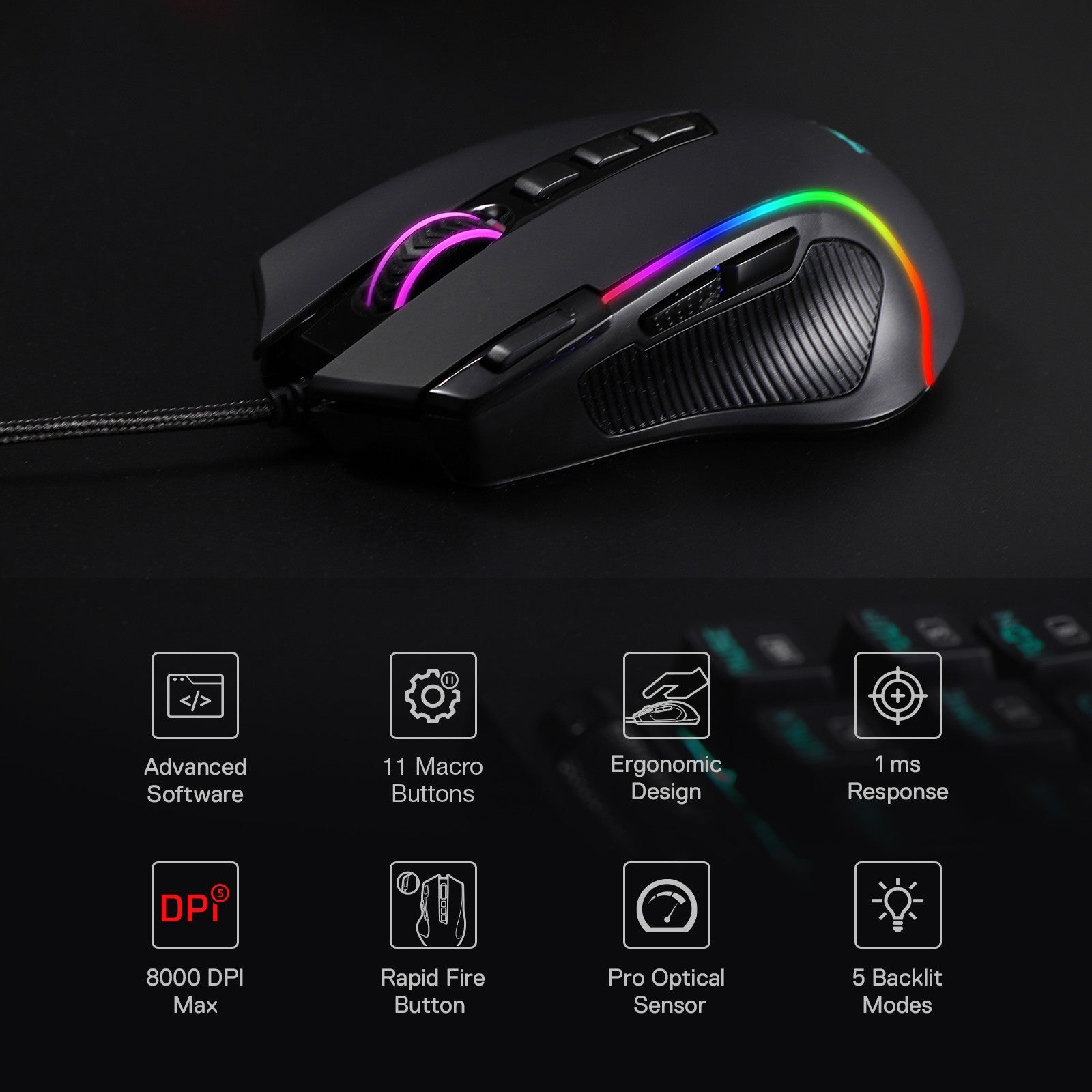 Redragon M612 Predator RGB Wired Optical Gaming Mouse, 8000 DPI & 11 Programmable Buttons