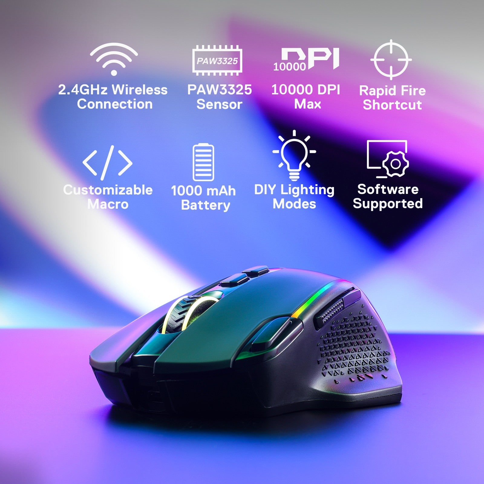 Redragon M810 Pro Wireless Gaming Mouse, 10000 DPI Wired/Wireless Gamer Mouse w/ Rapid Fire Key, 8 Macro Buttons, 45-Hour Durable Power Capacity