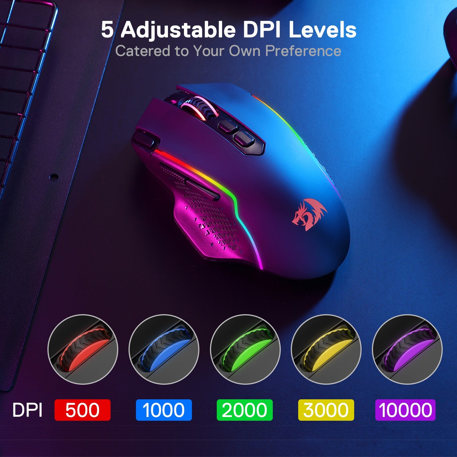 Redragon M810 Pro Wireless Gaming Mouse, 10000 DPI Wired/Wireless Gamer Mouse w/ Rapid Fire Key, 8 Macro Buttons, 45-Hour Durable Power Capacity