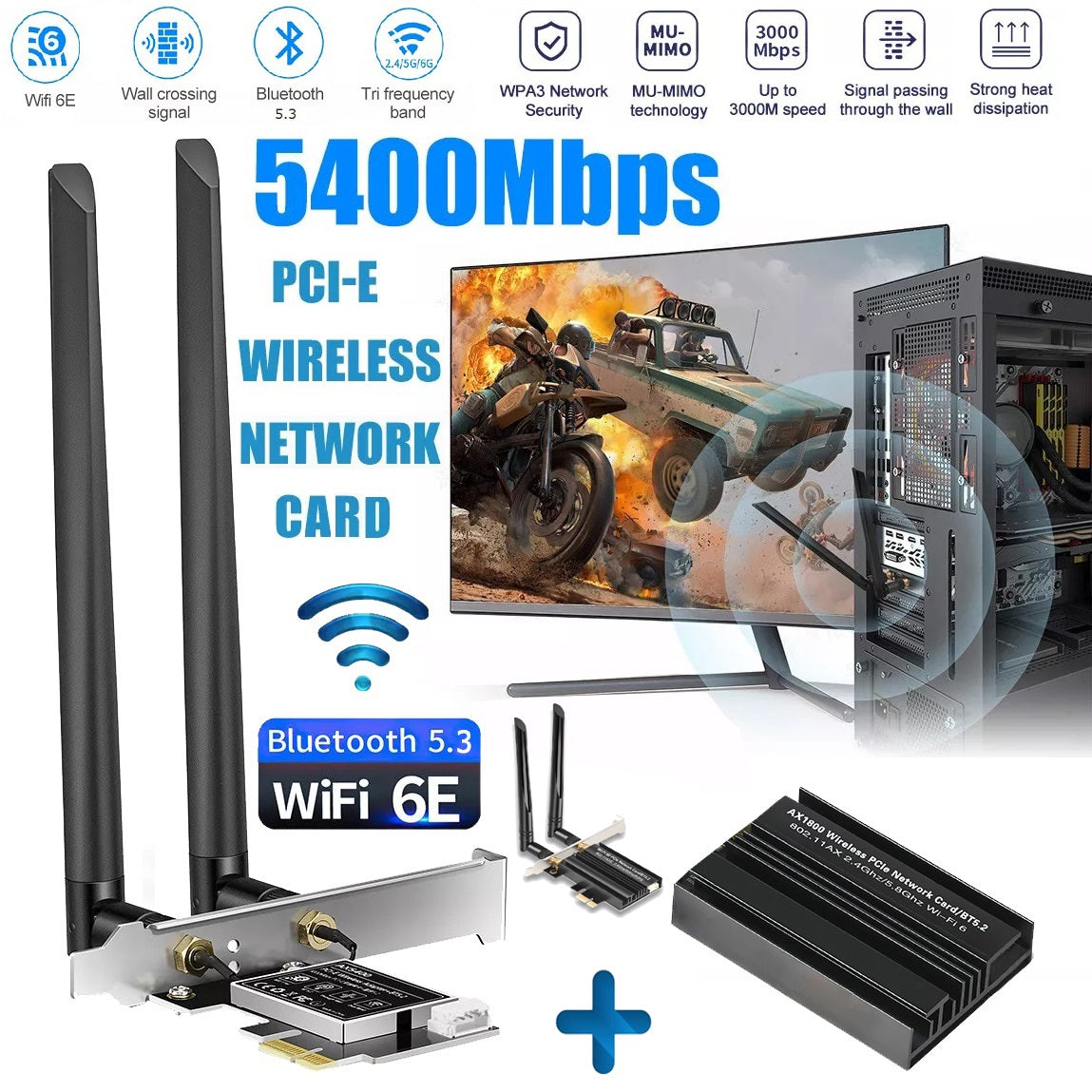 WiFi 6E Card 5400Mbps PCIe with Bluetooth 5.3,Tri-Bands  wireless Adapter Low Latency netword card,Support Windows 11/10  for PC
