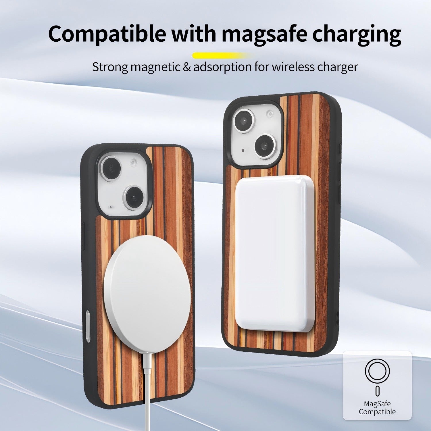 for iPhone 15 Plus Magnetic Wood Case. Unique & Classy Shockproof Protective Cover. Compatible with MagSafe Magnetic Charging.